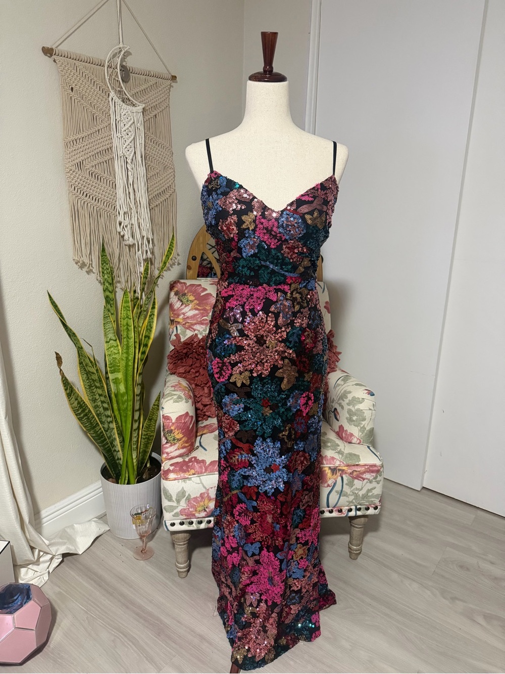 Floral Sequin Spaghetti-Strap Evening Dress - Pink, Teal & Black